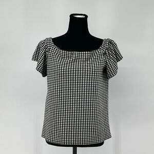 EXPRESS Women’s Blouse M Black White Gingham Flutter Sleeve Stretch Top Cottage